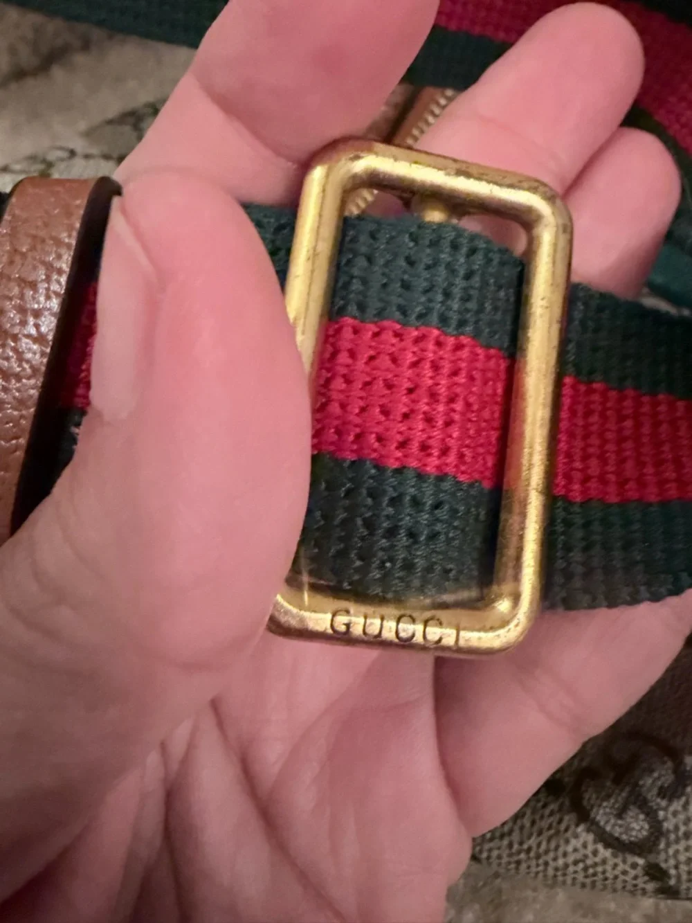 Gucci Beige GG Canvas Crossbody belt Bag with Brown Leather and Green/Red Stripe - Picture 6 of 10